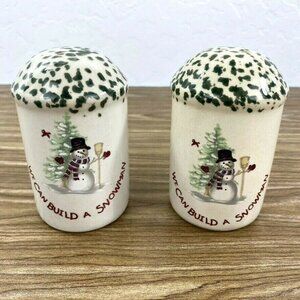 Christmas Salt and Pepper Shakers Spongeware Pottery "We Can Build A Snowman"
